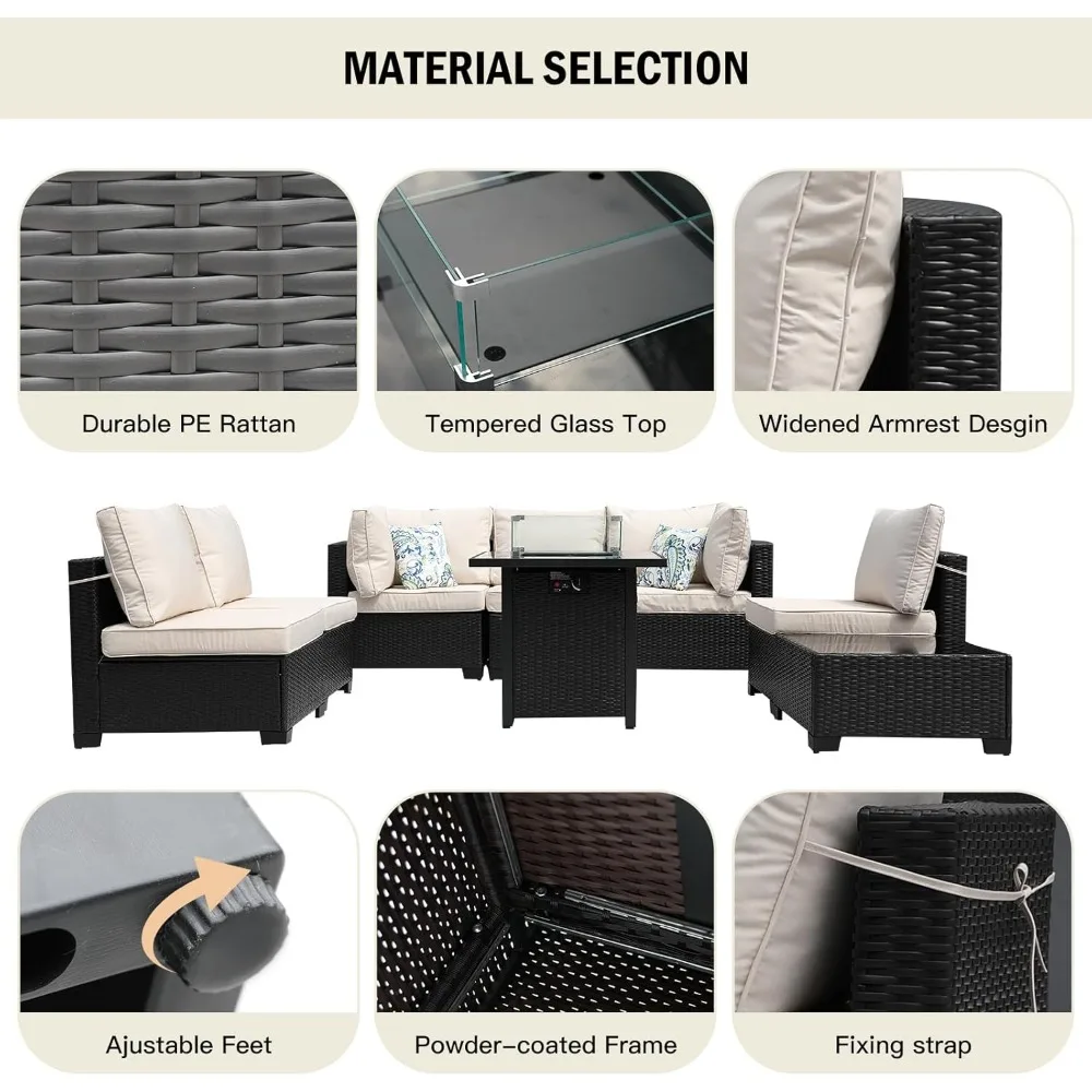 Outdoor Furniture Fire Pit Set - 8피스 파티오 가구 라탄 위커 야외