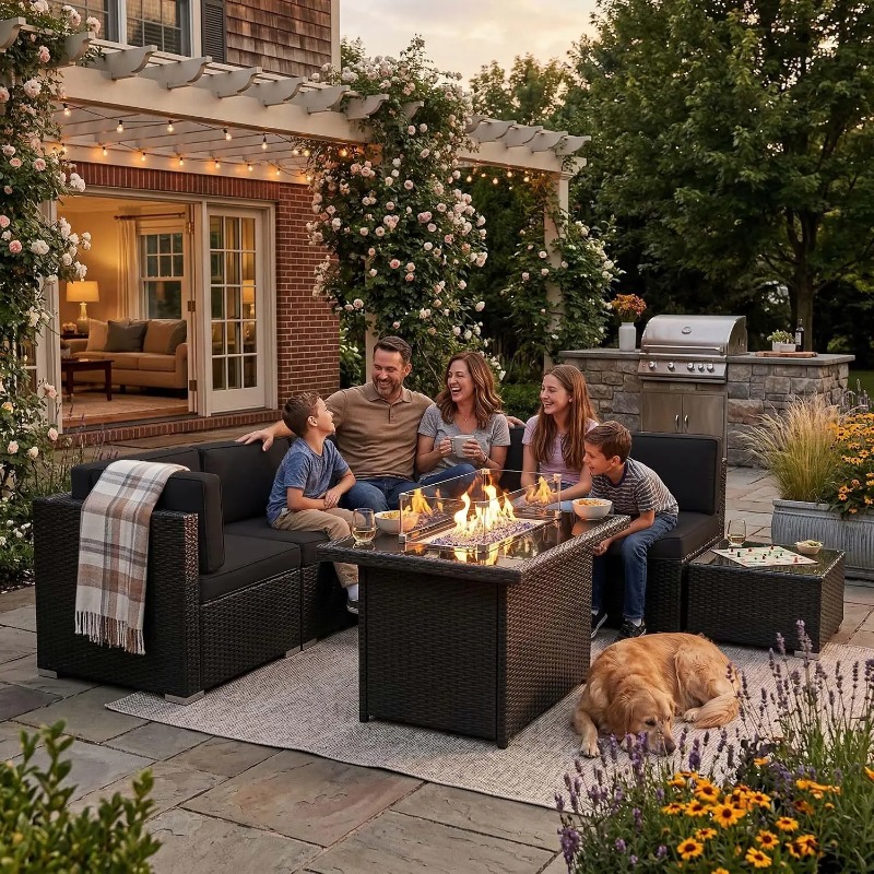 Outdoor Furniture Fire Pit Set - 8피스 파티오 위커 섹셔널 소파 세트(44인치