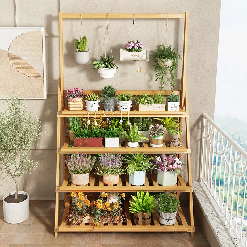 Outdoor Furniture Balcony - 원목 화분 선반 다층 접이식 독창적