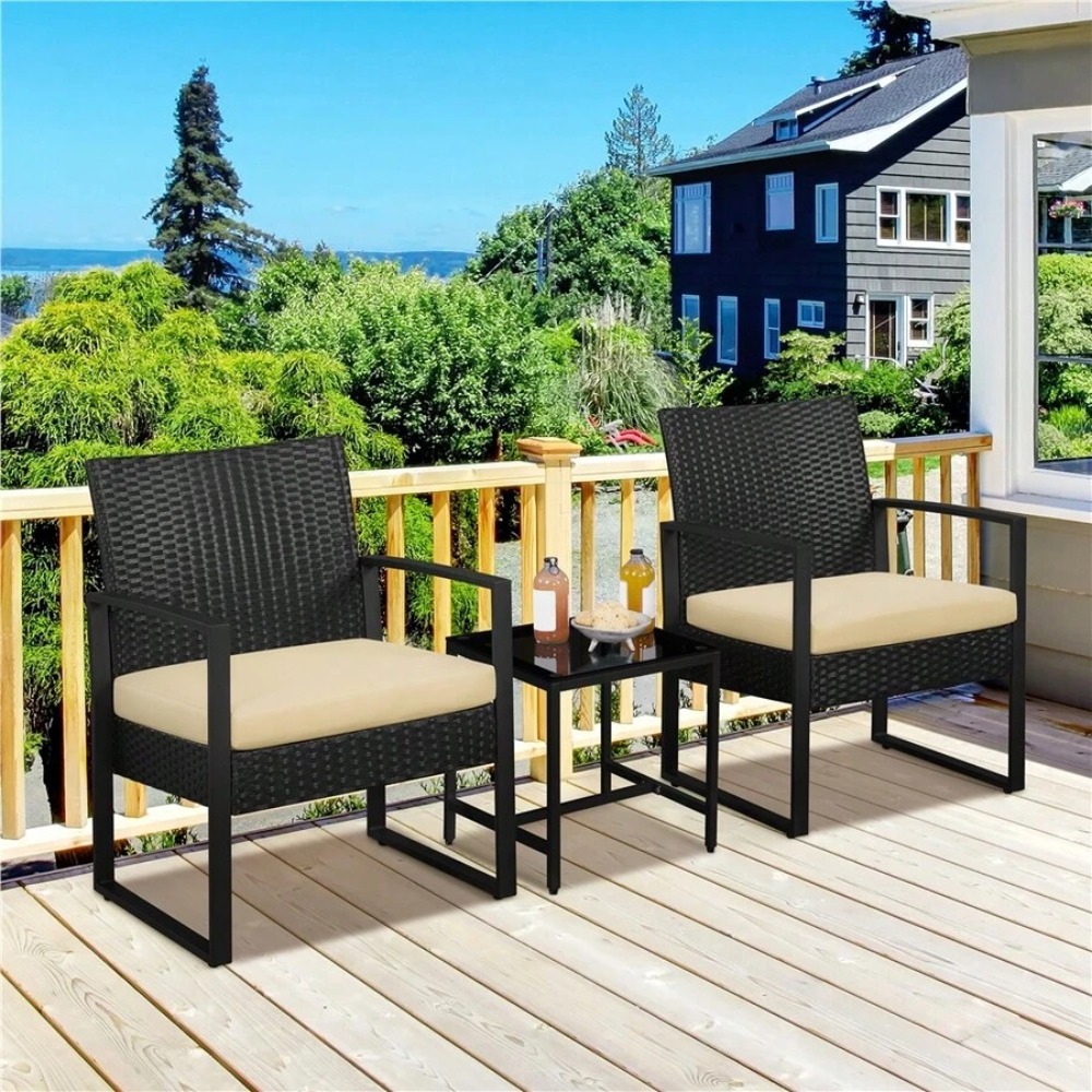 Outdoor Furniture Balcony - 3피스 야외용 위커 가구 세트 (라탄