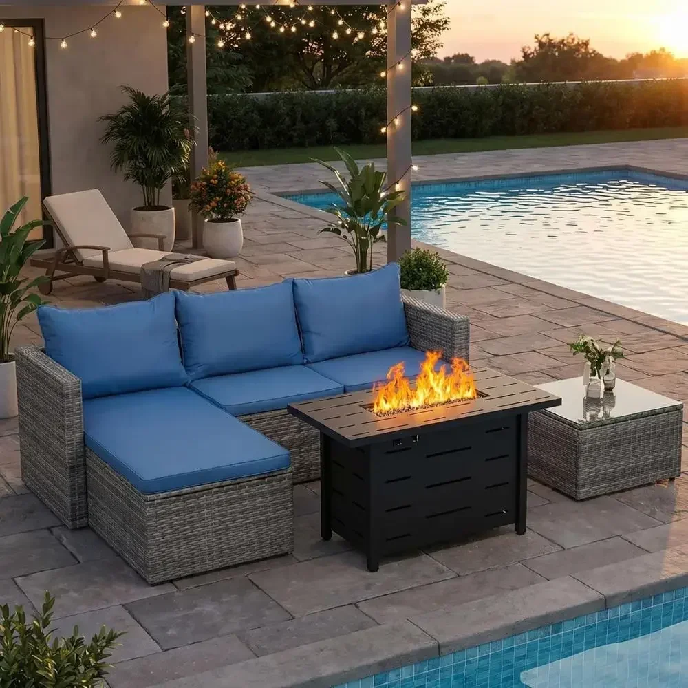 Outdoor Furniture Fire Pit Set - 4피스 야외용 위커 파티오 가구 세트,