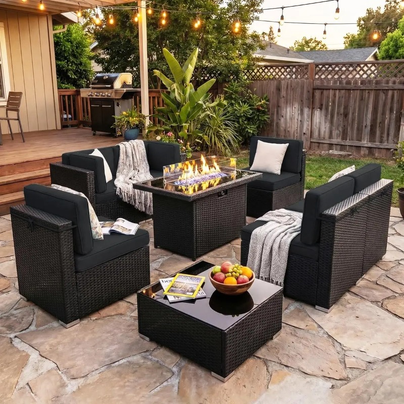 8피스 파티오 위커 섹셔널 소파 세트(44인치 프로판  - Outdoor Furniture Fire Pit Set 리뷰 및 가격