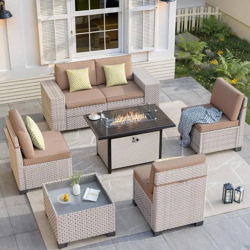 7피스 야외 파티오 가구 세트(화덕 포함), 유리 커피 - Outdoor Furniture Fire Pit Set 리뷰 및 가격