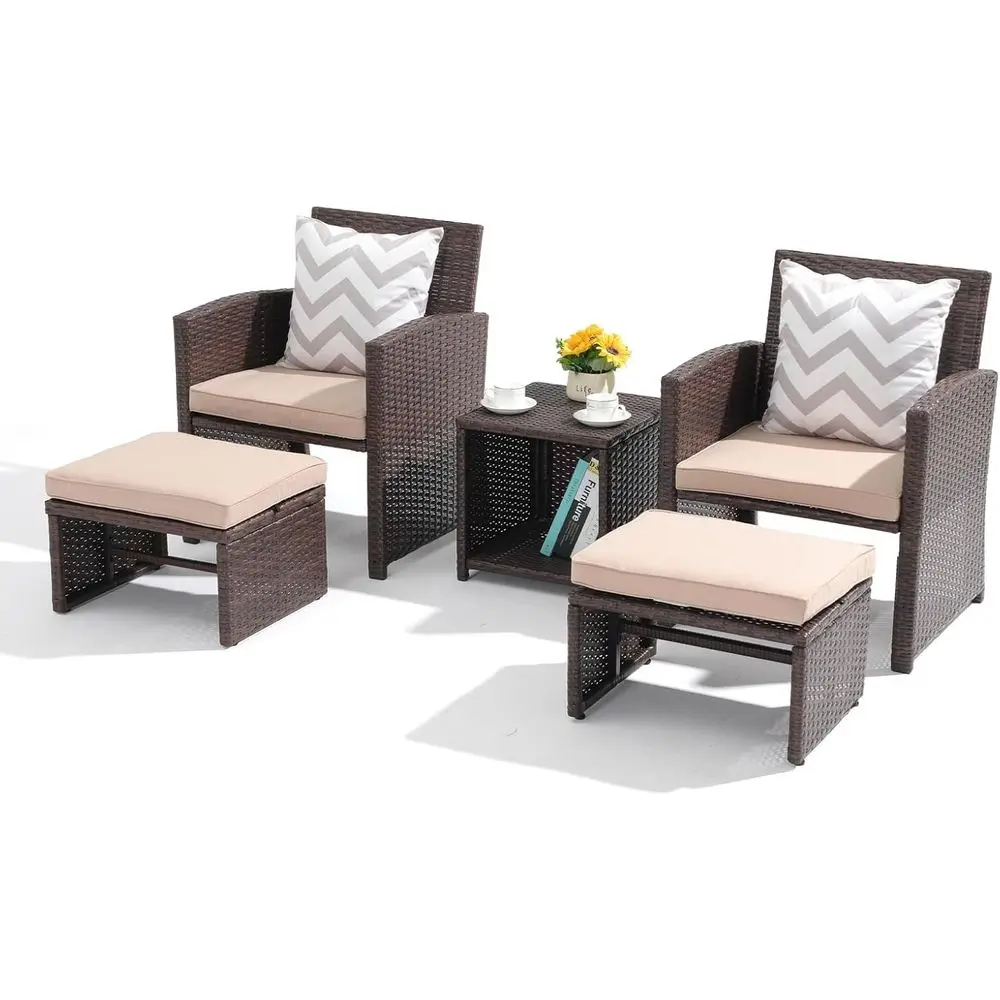 쿠션, 갈색 고리버들 의자 및 오토만이 포함된 5피스  - Outdoor Furniture Balcony 리뷰 및 가격