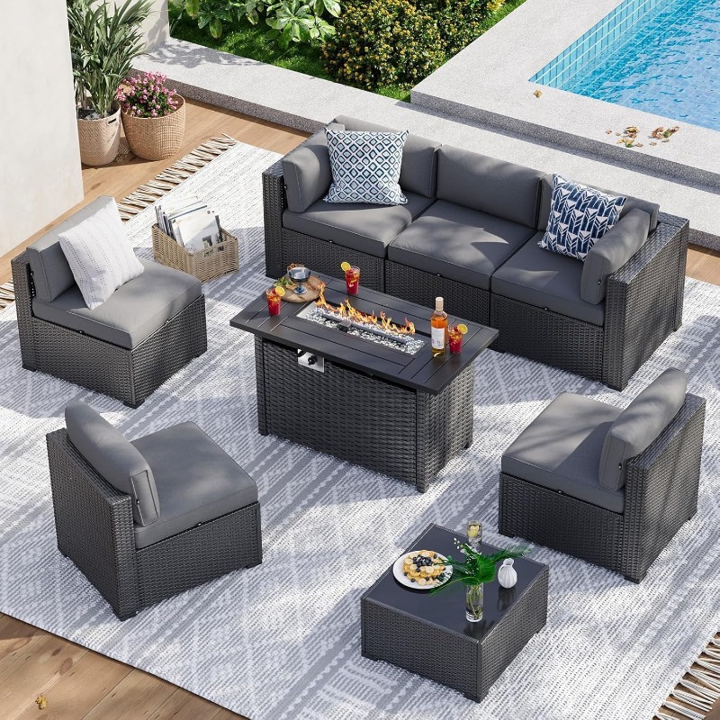 아오쉰 8피스 파티오 가구 세트 (44인치 화덕 테이블 - Outdoor Furniture Fire Pit Set 리뷰 및 가격